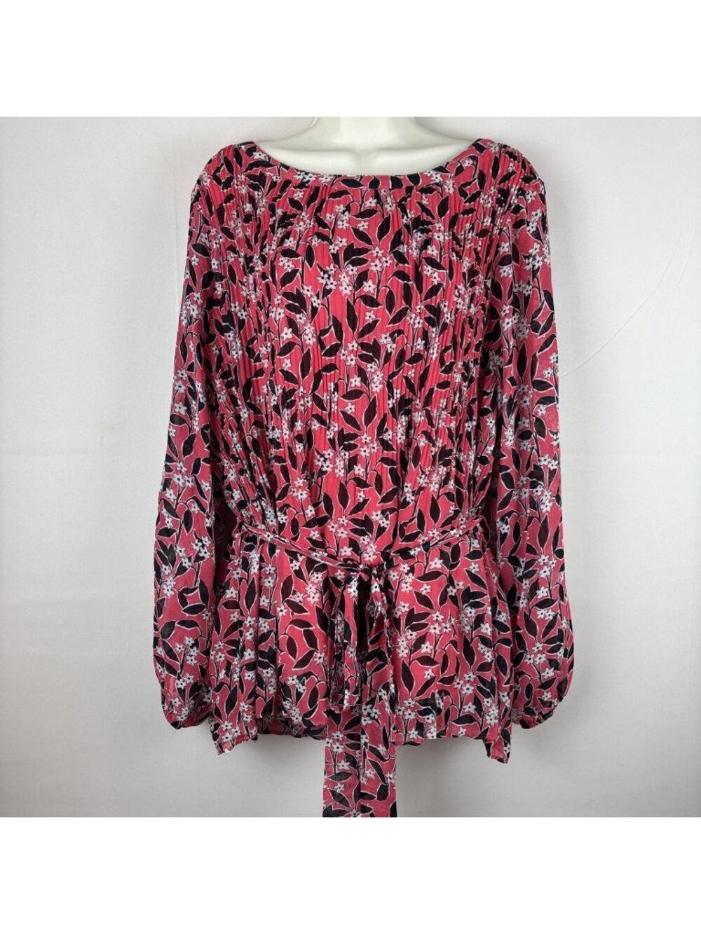 Lane Bryant 18 20 Pink Black Floral Pleated Chiffon Blouse Belted Top Lined - Picture 1 of 7